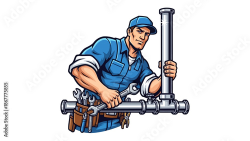 Cartoon Plumber Fixing Pipes with Wrench and Tools.