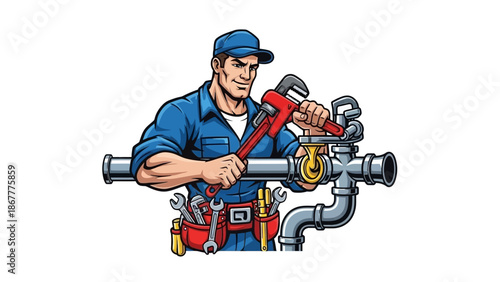 Cartoon Plumber Fixing Pipes with Wrench and Tools.