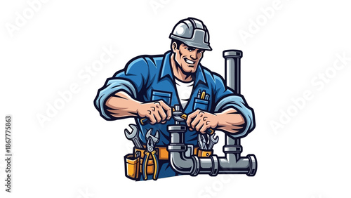 Cartoon Plumber Fixing Pipes with Wrench and Hard Hat.