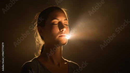 Woman illuminated by beam of light