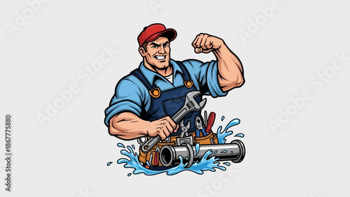 Cartoon Plumber Flexing Muscle with Wrench and Pipe Cartoon.