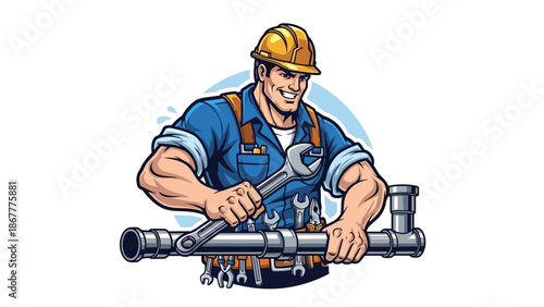 Cartoon Plumber Holding Pipe with Wrench in Hand.