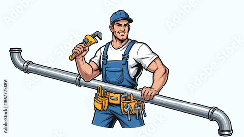 Cartoon Plumber Holding Pipe and Wrench Ready for Plumbing Work.