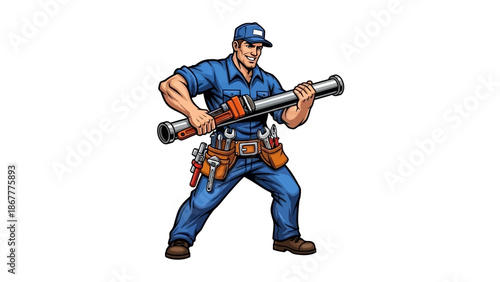 Cartoon Plumber Holding Pipe with Focused Expression and Strong Build.