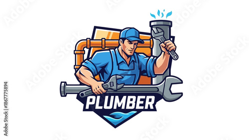 Cartoon Plumber Logo with Wrench and Pipe Illustration.