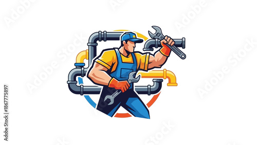 Cartoon Plumber Mascot with Wrench and Pipe Background.