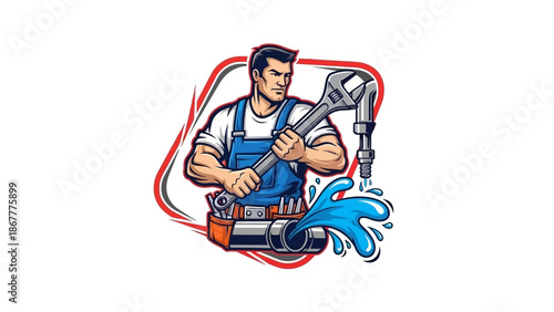 Cartoon Plumber Mascot Holding Wrench with Water Splash.