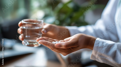 Faceless closeup hands person holding painkiller pills water medication treatment pain relief healthcare management moment pharmaceutical usage display defocused background