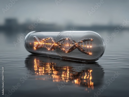 A transparent medical capsule floating on calm water with a glowing DNA helix symbolizing future biotechnology