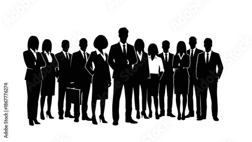 A group of black silhouette people in business attire standing together on a white background, conveying a sense of professionalism and unity.