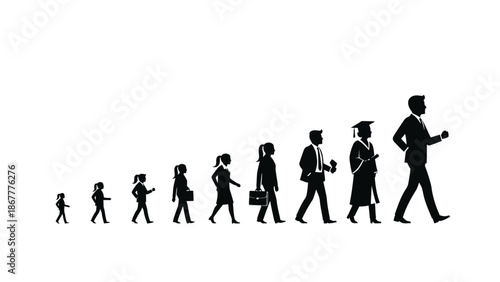 Black silhouette of people walking in a line, depicting growth from childhood to adulthood in a business setting against a clean white background.