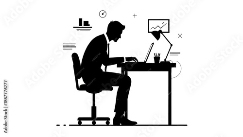 Black silhouette of a man in business attire sitting at a desk working on a laptop with various business-related graphics floating around him on a white background.