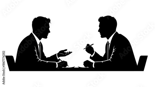 Black silhouette of two businessmen in suits discussing and working together in a meeting with a white background.