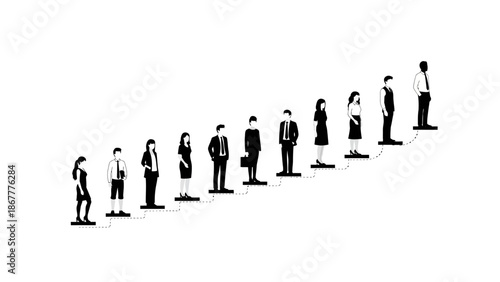 Black silhouette of people in business attire ascending a staircase on a white background with a subtle gradient effect conveying a sense of progression and career advancement.