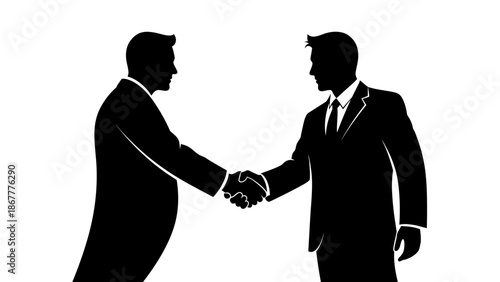 Black silhouette of two businessmen shaking hands against a clean white background, conveying a professional and formal mood.