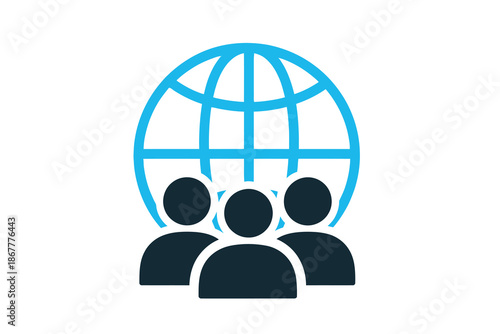 A blue globe icon with three black silhouettes of people standing together