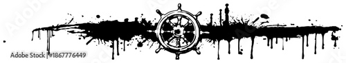 Nautical ship steering wheel border with grunge ink drips