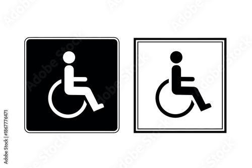 Black and white wheelchair accessibility signs on colored backgrounds