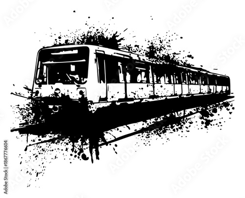 Modern subway train moving on tracks with artistic ink splatters
