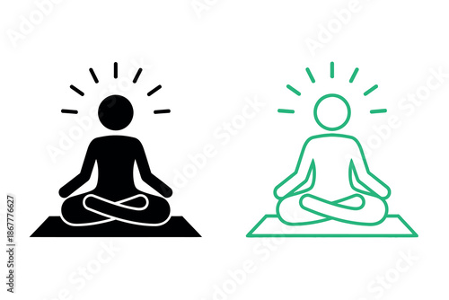 Black and green line icons of people meditating in lotus position