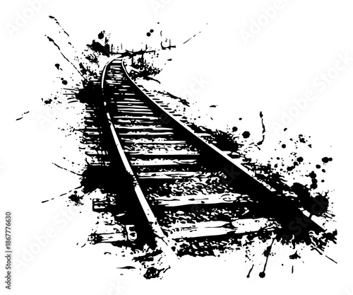 Minimalist ink splatter illustration of railroad tracks stretching into the distance