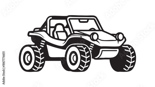 Black and white illustration of a rugged all-terrain vehicle with large tires on a plain white background