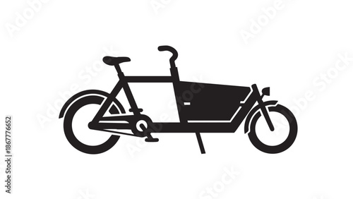 A black silhouette of an electric bicycle with a large cargo box in front of a white background viewed from the side