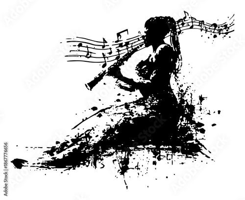 Artistic silhouette of a woman playing flute with musical notes