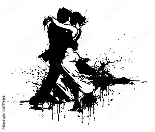 Romantic couple dancing tango in an artistic grunge ink silhouette style