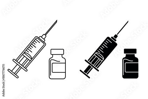 Black and white line icon set of medical syringe and vaccine bottle