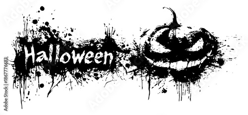 Spooky Halloween pumpkin face and typography with grunge ink paint splatters