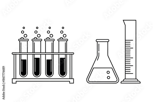 Laboratory equipment with test tubes and beaker on white background