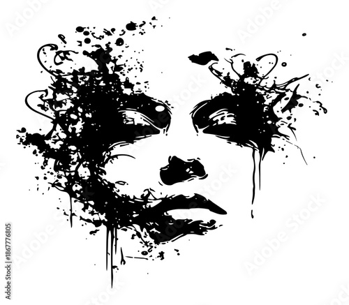 Abstract portrait of a female face in artistic ink splatter style