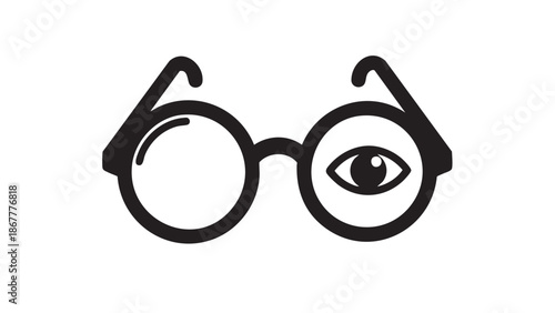 A pair of glasses with one lens missing, illustrating vision or insight