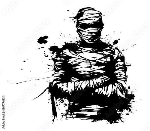 Spooky wrapped mummy figure with crossed arms in grunge ink style