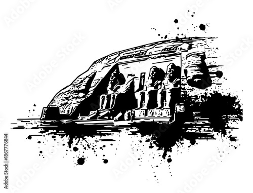 Ancient Egyptian Abu Simbel temple statues with grunge ink style
