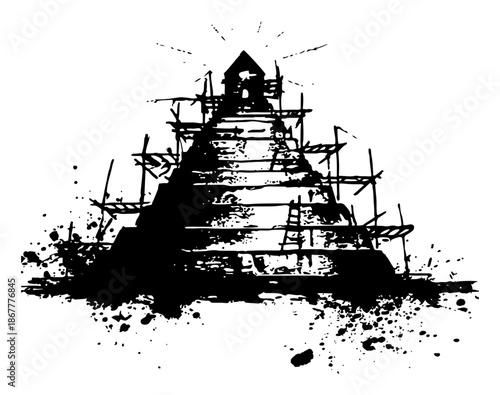 Ancient Mayan step pyramid with scaffolding and grunge ink effects