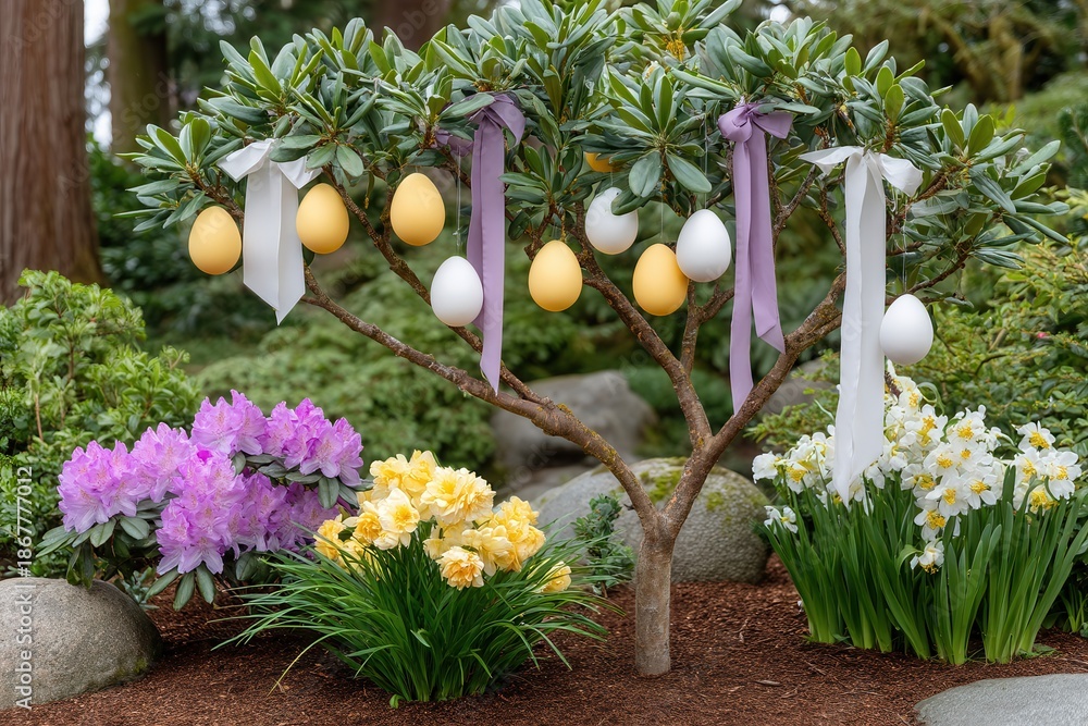Fototapeta premium Easter eggs hanging from tree with flowers