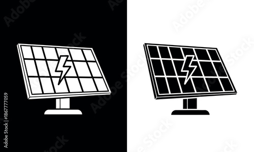Solar panel icons with lightning bolt on screen in black and white
