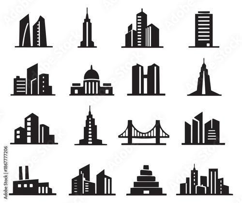 Modern silhouette building icons set featuring various city and architectural structures for urban design projects