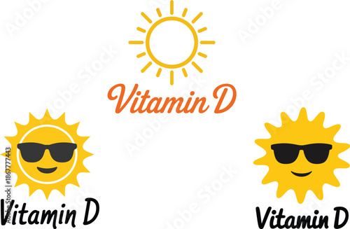 Vitamin D Supplement Icons with Sun Characters and Healthy Living Typography