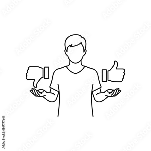 Man holding thumbs up and down icons.