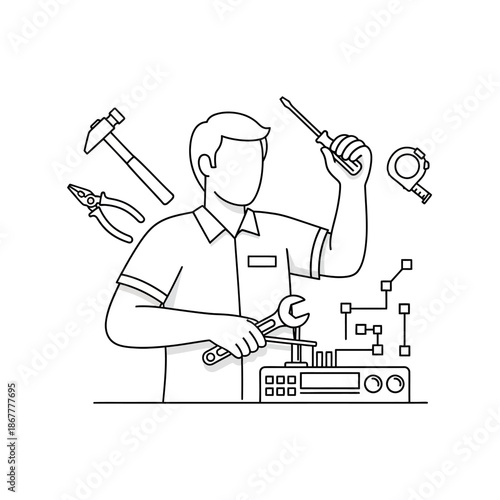 Technician Repairing Electronic Equipment with Tools.
