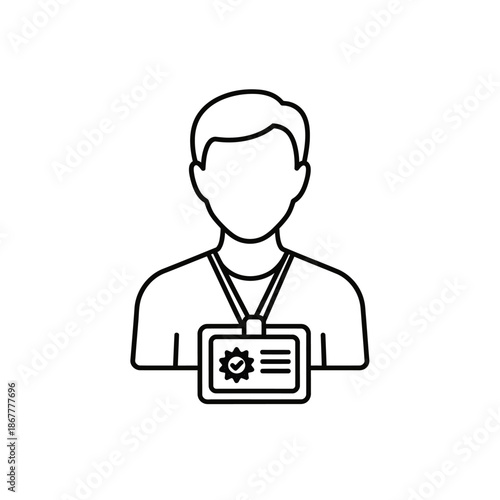 Man Wearing ID Badge with Gear Icon.