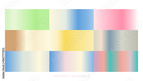 Colorful gradient swatches. Set of pastel color gradient backgrounds. Light blue, yellow, pink, grey, brown, green colors linear gradation. Multicolored palette template for bg, overlay