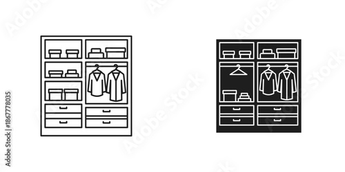 Two wardrobes with hanging clothes and shelves drawers