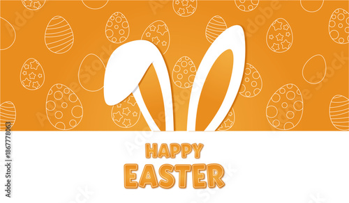 Happy Easter greeting card with bunny ears and easter egg on orange background