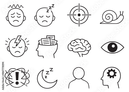 Hand drawn line art icon set featuring human emotions, mental processes, and abstract concepts for mental health and well-being topics