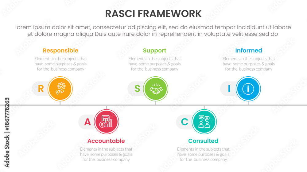 Fototapeta premium RASCI framework infographic template banner with timeline circle point right direction with 5 point list information for slide presentation