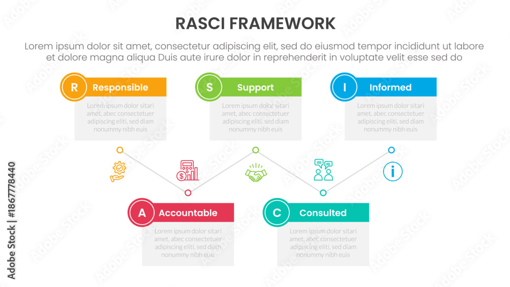 Fototapeta premium RASCI framework infographic template banner with timeline box table up and down with 5 point list information for slide presentation vector
